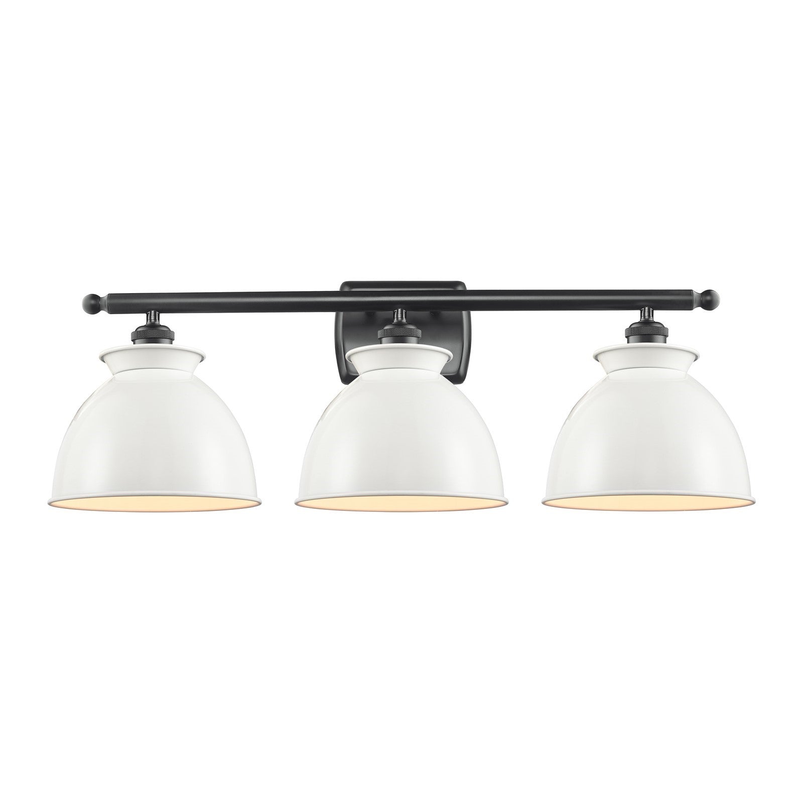 Innovations Adirondack 28in 3-Light Bath Vanity | Industrial Farmhouse Matte Black Steel and Glossy White Metal Shade | Model 516-3W-BK-M14-W-LED