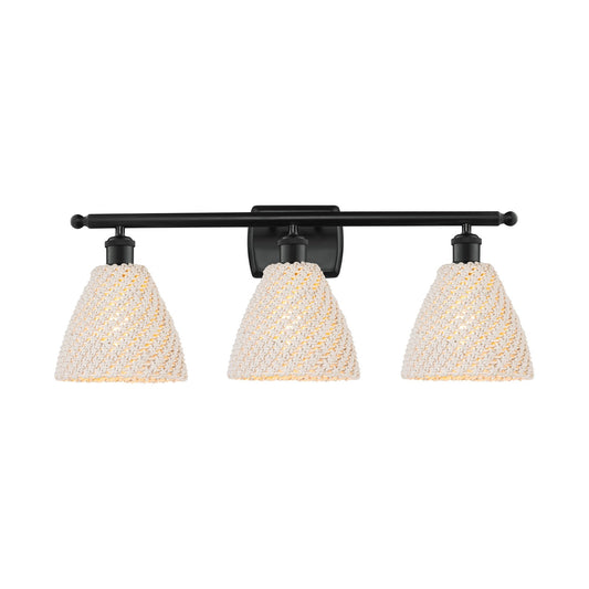 Innovations Bristol Natural 28in 3-Light Bath Vanity Light | Industrial Matte Black Steel and Natural Fiber Shade | Bathroom | Model 516-3W-BK-NBD-75-NAT