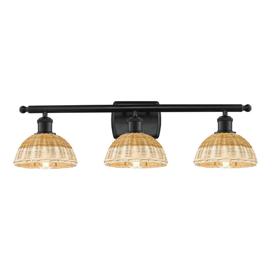 Innovations Bristol Natural II 28in 3-Light Bath Vanity Light | Industrial Matte Black Steel and Natural Fiber Shade | Model 516-3W-BK-NBD2-75-NAT