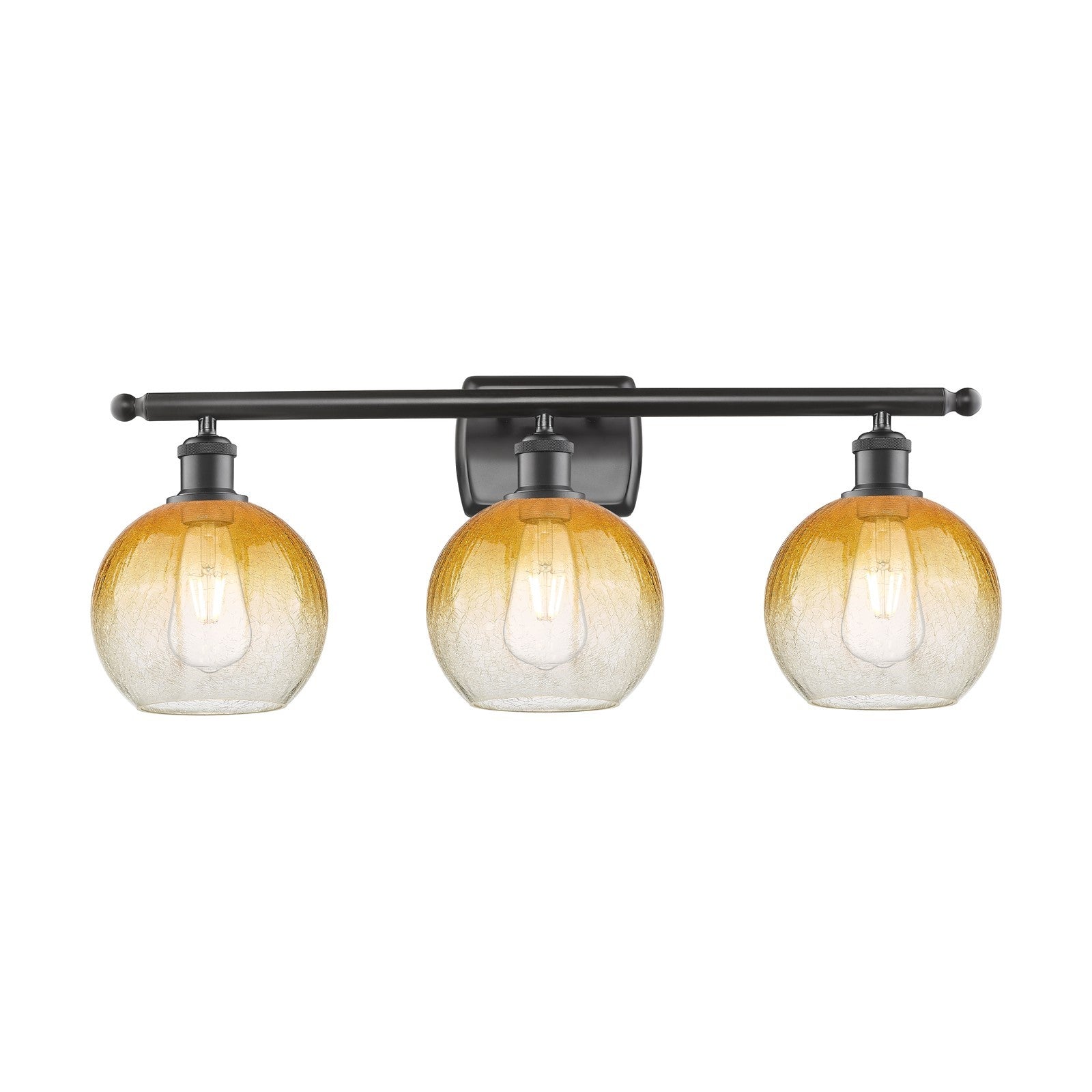 Innovations Brookhaven Globe 28in 3-Light Bath Vanity Light | Industrial Oil Rubbed Bronze Steel and Amber Glass | Damp Rated | Model 516-3W-OB-G483-8AM