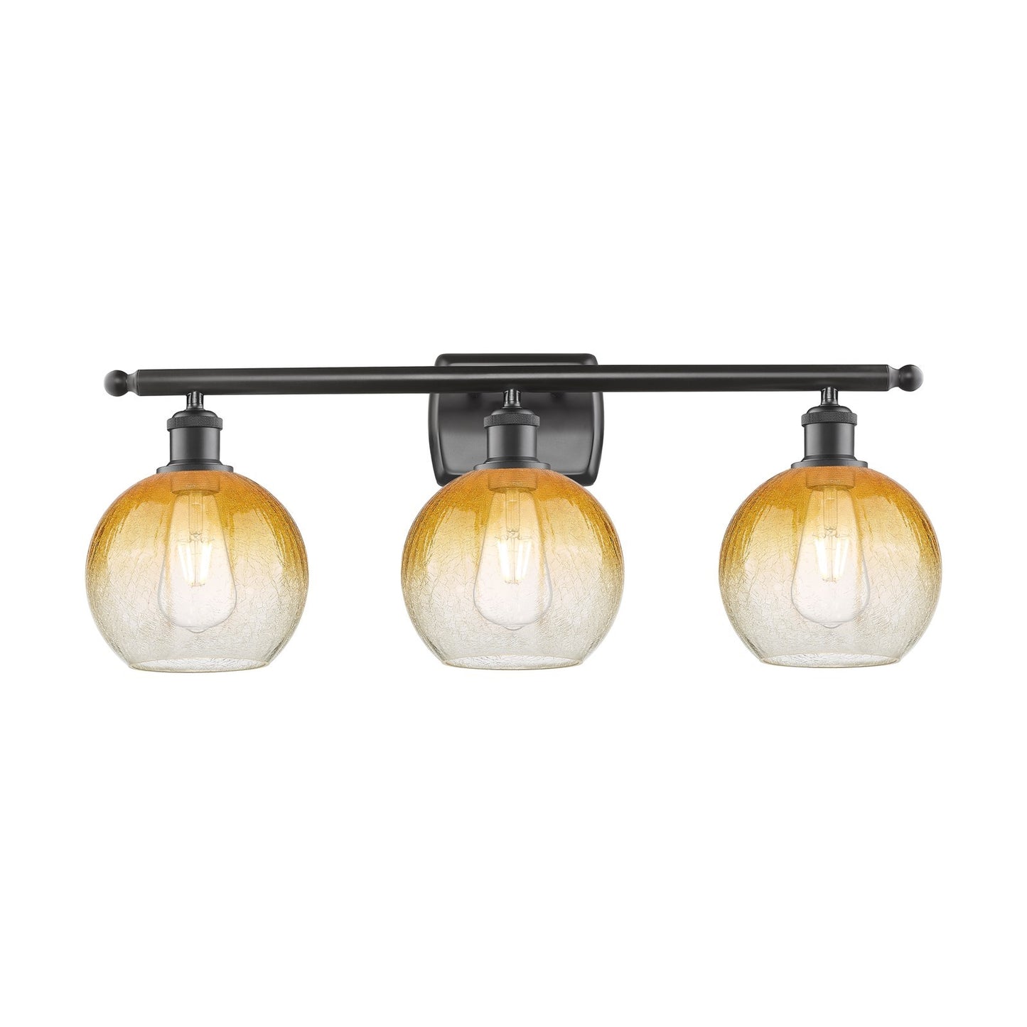 Innovations Brookhaven Globe 28in 3-Light Bath Vanity Light | Industrial Oil Rubbed Bronze Steel and Amber Glass | Damp Rated | Model 516-3W-OB-G483-8AM