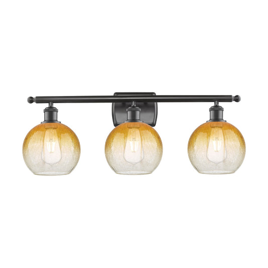 Innovations Brookhaven Globe 28in 3-Light Bath Vanity Light | Industrial Oil Rubbed Bronze Steel and Amber Glass | Damp Rated | Model 516-3W-OB-G483-8AM