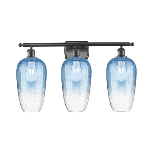 Innovations Brookhaven Flute 27in 3-Light Bath Vanity Light | Industrial Oil Rubbed Bronze Steel and Sapphire Blue Glass | Model 516-3W-OB-G484-7SB