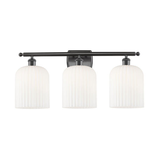 Innovations Bridal Veil 25in 3-Light Bath Vanity Light | Industrial Oil Rubbed Bronze and Gloss White Ribbed Glass | Bathroom | Model 516-3W-OB-G559-8GWH