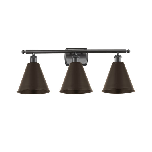 Innovations Berkshire 28in 3-Light Bath Vanity Light | Industrial Oil Rubbed Bronze Steel and Cast Brass Metal Cone Shade | Model 516-3W-OB-MBC-8-OB