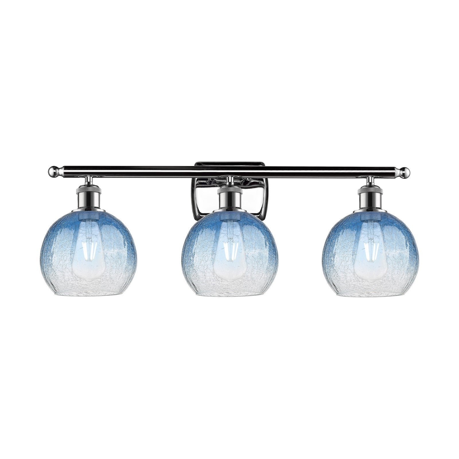 Innovations Brookhaven Globe 28in 3-Light Bath Vanity Light | Industrial Modern Polished Chrome and Sapphire Blue Glass | Model 516-3W-PC-G483-8SB
