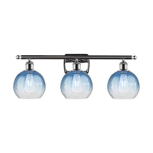 Innovations Brookhaven Globe 28in 3-Light Bath Vanity Light | Industrial Modern Polished Chrome and Sapphire Blue Glass | Model 516-3W-PC-G483-8SB