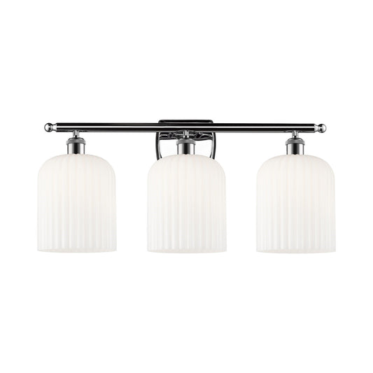 Innovations Bridal Veil 25in 3-Light Bath Vanity Light | Art Nouveau Polished Chrome and Gloss White Ribbed Glass | Bathroom | Model 516-3W-PC-G559-8GWH