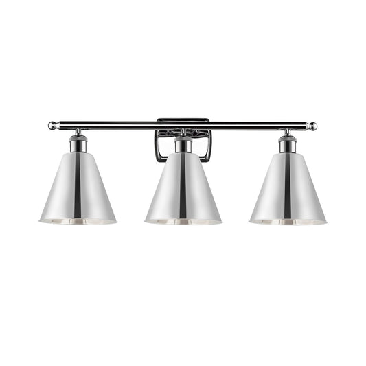Innovations Berkshire 28in 3-Light Bath Vanity Light | Industrial Polished Chrome Steel and Cast Brass with Polished Chrome | Model 516-3W-PC-MBC-8-PC-LED