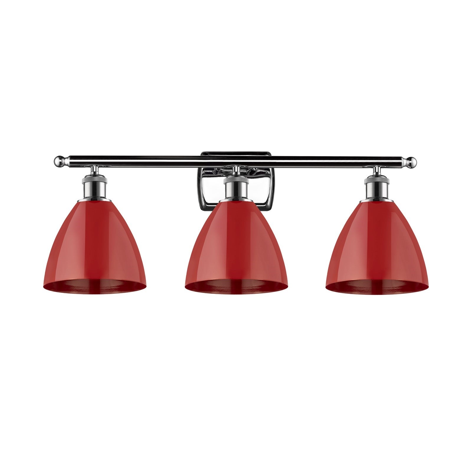 Innovations Plymouth 28in 3-Light Bath Vanity Light | Industrial Farmhouse Polished Chrome and Matte Red Metal Shade | Model 516-3W-PC-MBD-75-RD