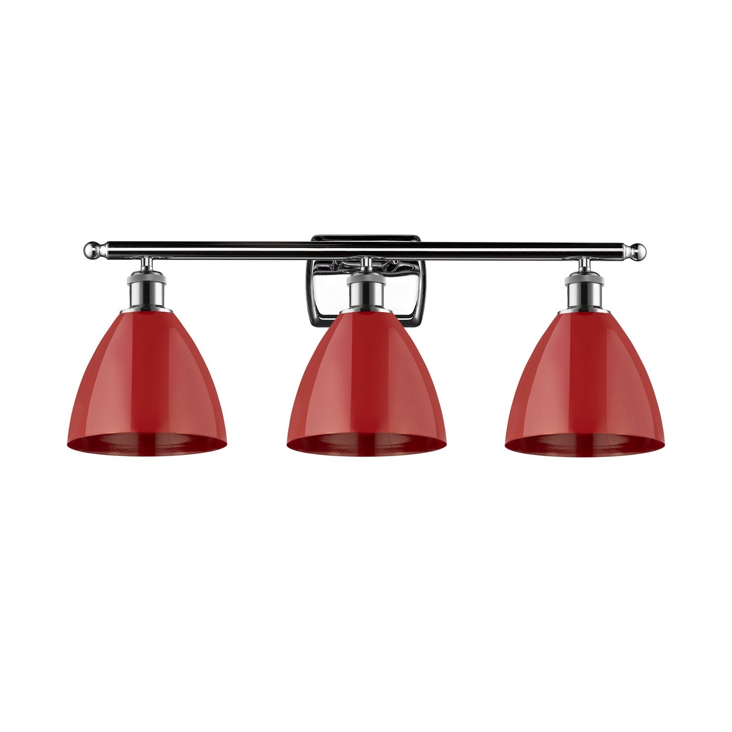 Innovations Plymouth 28in 3-Light Bath Vanity Light | Industrial Farmhouse Polished Chrome and Matte Red Metal Shade | Model 516-3W-PC-MBD-75-RD