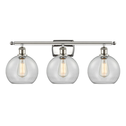 Innovations Athens 28in 3-Light Bath Vanity | Polished Nickel Steel and Cast Brass with Clear Glass Shades | Bathroom Vanity | Model 516-3W-PN-G122-8-LED