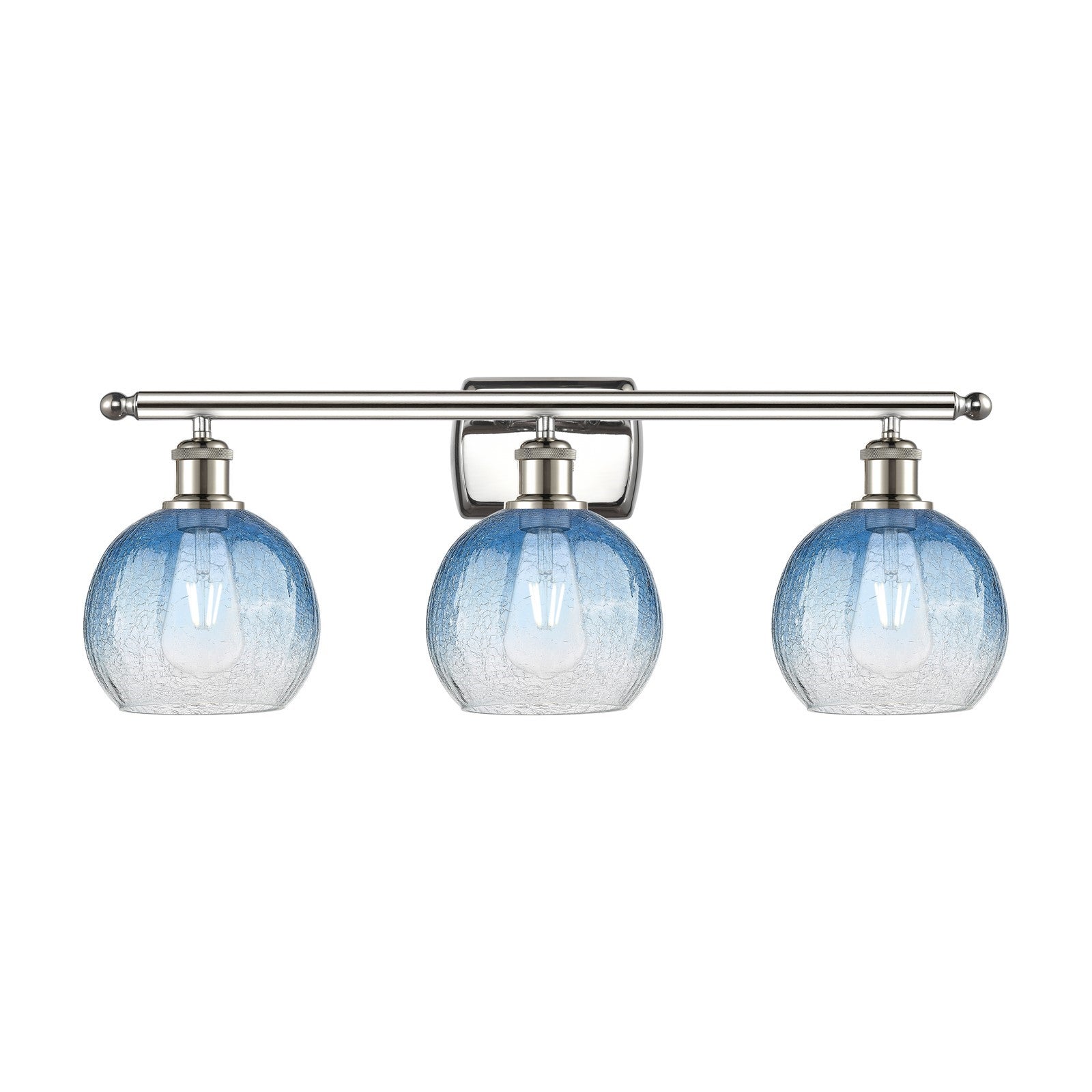 Innovations Brookhaven Globe 28in 3-Light Bath Vanity Light | Industrial Polished Nickel Steel and Sapphire Blue Glass | Model 516-3W-PN-G483-8SB