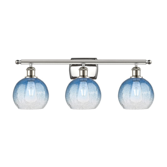 Innovations Brookhaven Globe 28in 3-Light Bath Vanity Light | Industrial Polished Nickel Steel and Sapphire Blue Glass | Model 516-3W-PN-G483-8SB