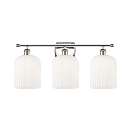 Innovations Bridal Veil 25in 3-Light Bath Vanity Light | Art Nouveau Polished Nickel and Gloss White Ribbed Glass | Bathroom | Model 516-3W-PN-G559-8GWH