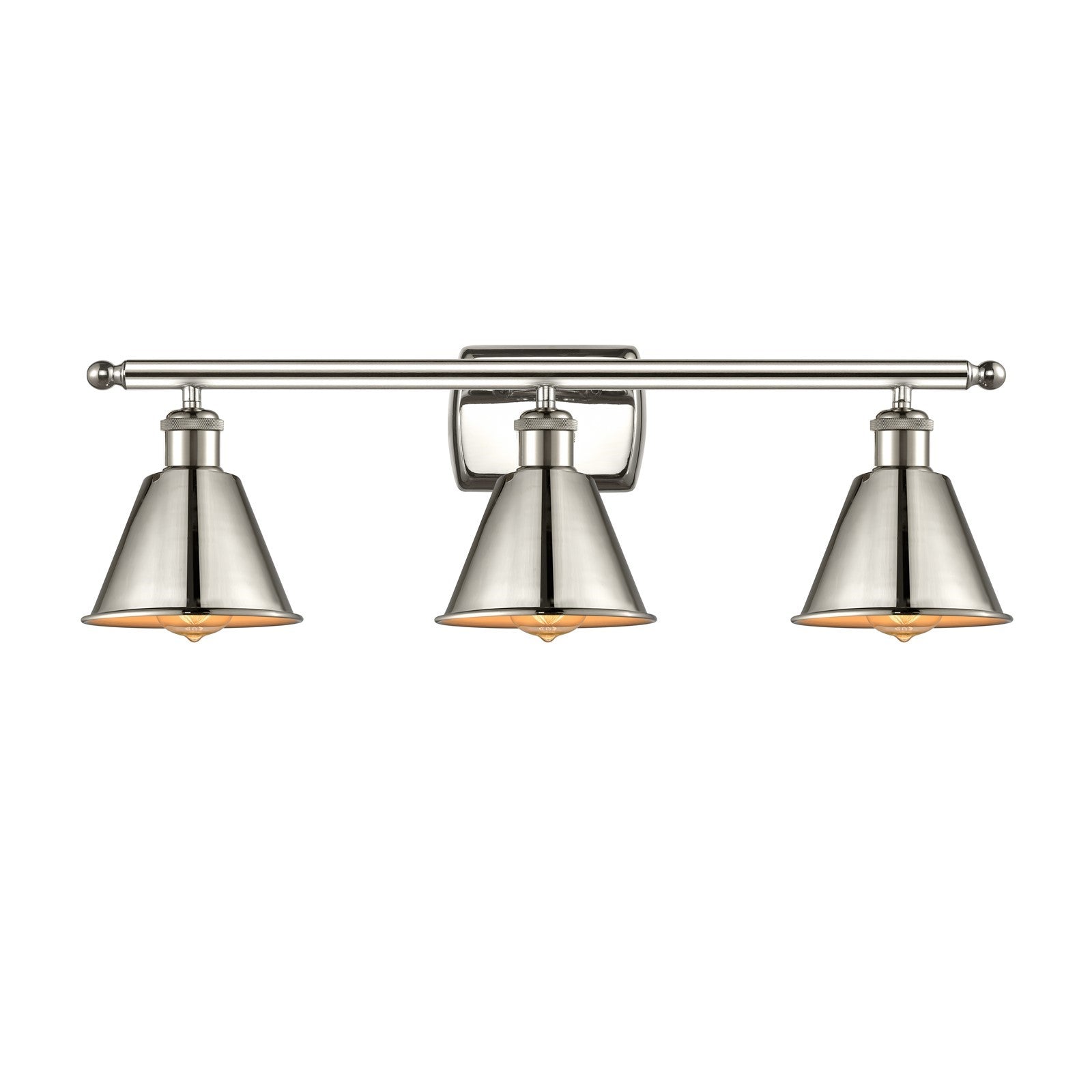 Innovations Smithfield 27in 3-Light Bath Vanity Light | Industrial Polished Nickel Steel and Polished Nickel Metal Shade | Bathroom | Model 516-3W-PN-M8