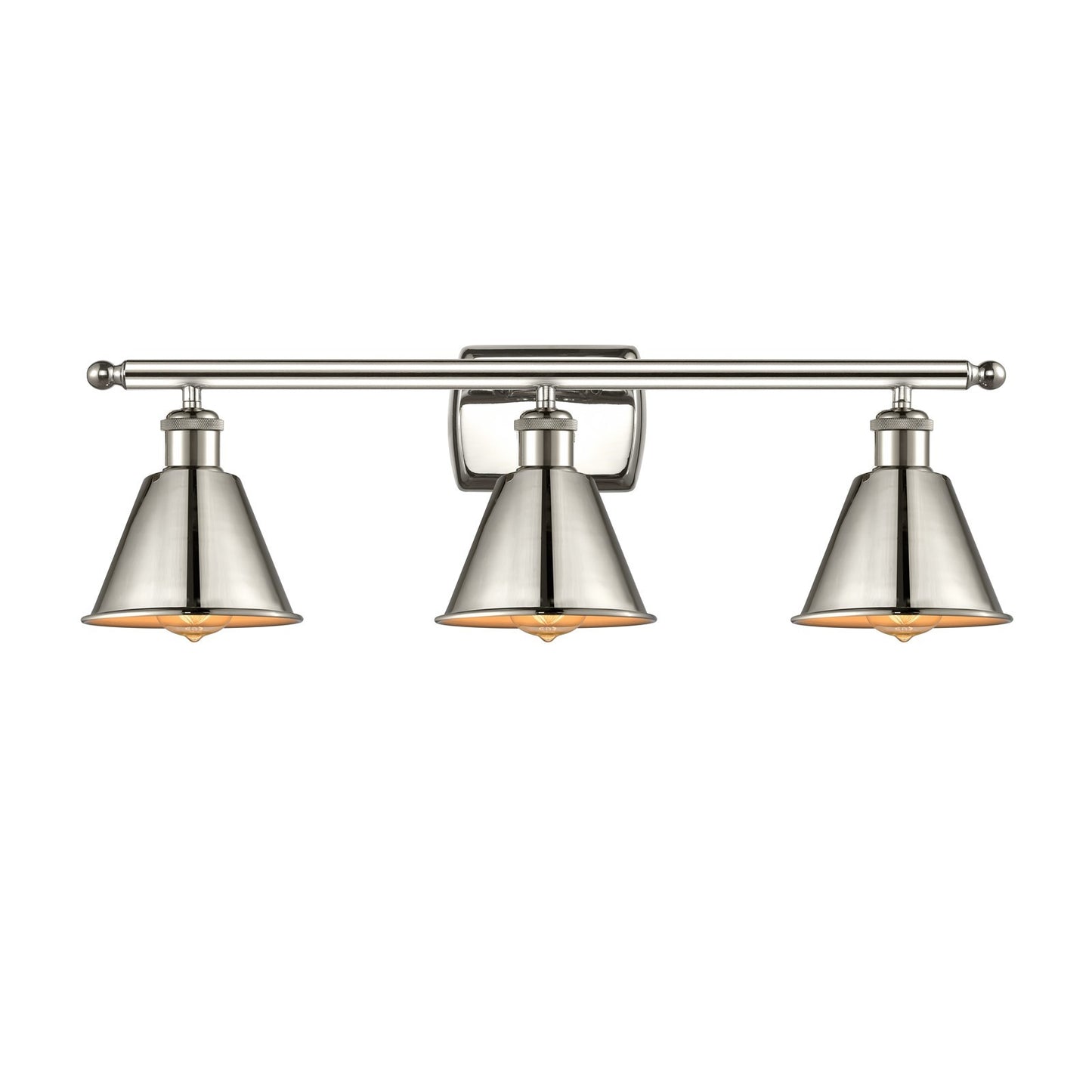 Innovations Smithfield 27in 3-Light Bath Vanity Light | Industrial Polished Nickel Steel and Polished Nickel Metal Shade | Model 516-3W-PN-M8-LED
