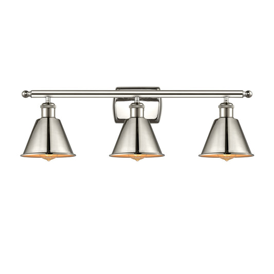 Innovations Smithfield 27in 3-Light Bath Vanity Light | Industrial Polished Nickel Steel and Polished Nickel Metal Shade | Model 516-3W-PN-M8-LED