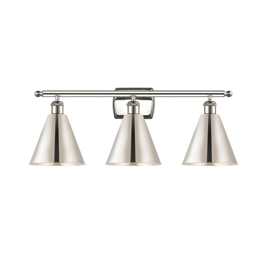 Innovations Berkshire 28in 3-Light Bath Vanity Light | Industrial Farmhouse Polished Nickel Steel and Metal Shade | Damp Rated | Model 516-3W-PN-MBC-8-PN