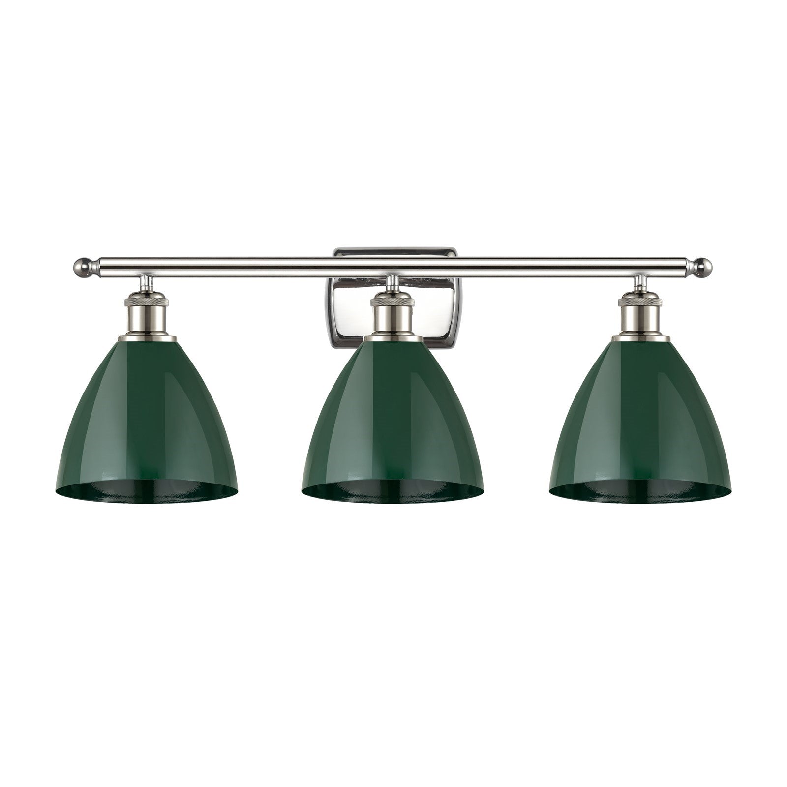 Innovations Plymouth 28in 3-Light Bath Vanity Light | Industrial Farmhouse Polished Nickel and Matte Green Metal Shade | Model 516-3W-PN-MBD-75-GR-LED