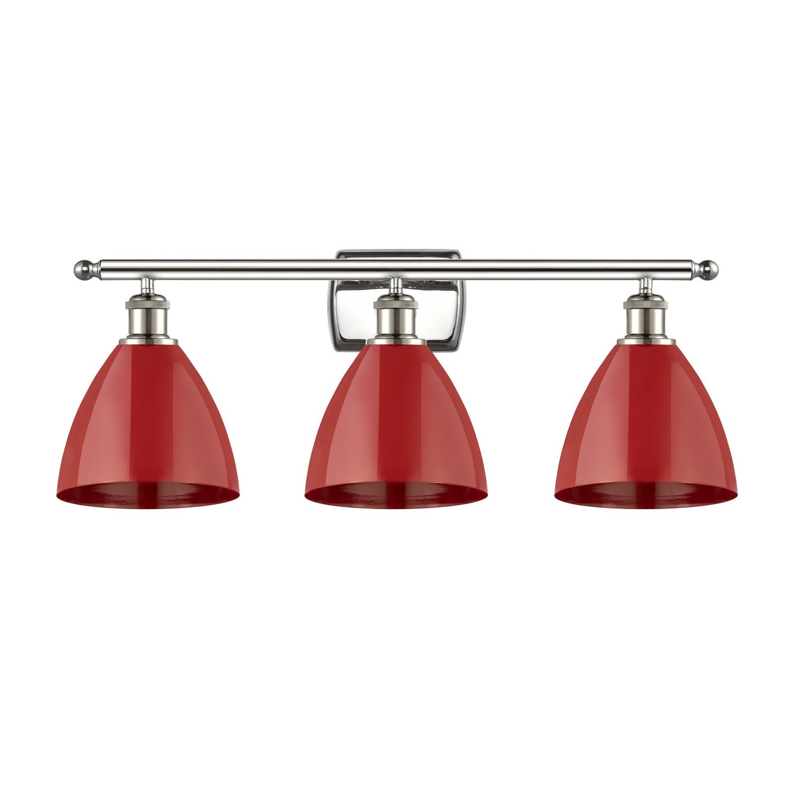 Innovations Plymouth 28in 3-Light Bath Vanity Light | Industrial Farmhouse Polished Nickel and Matte Red Metal Shade | Model 516-3W-PN-MBD-75-RD