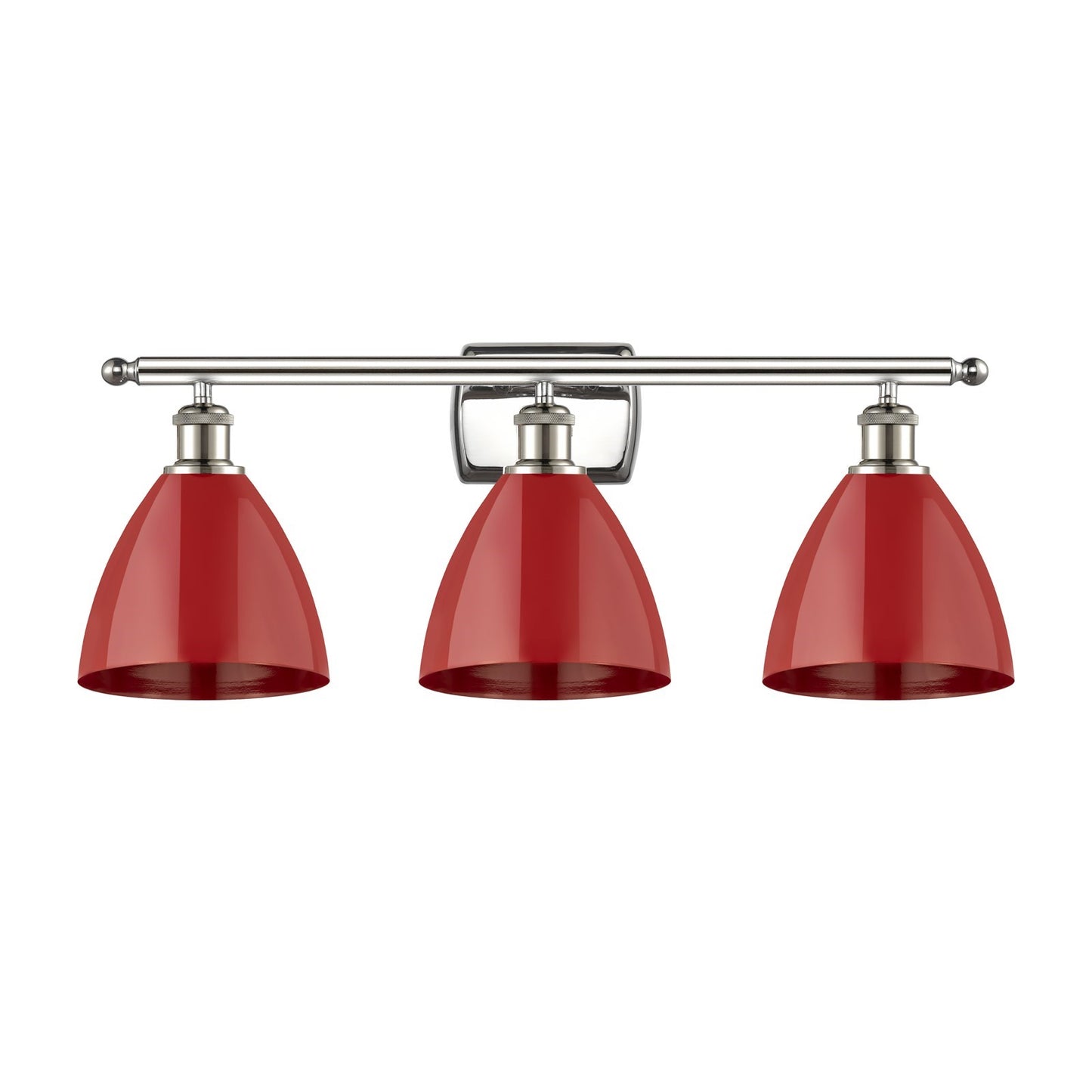 Innovations Plymouth 28in 3-Light Bath Vanity | Industrial Farmhouse Polished Nickel and Matte Red Metal Shade | Bathroom | Model 516-3W-PN-MBD-75-RD-LED
