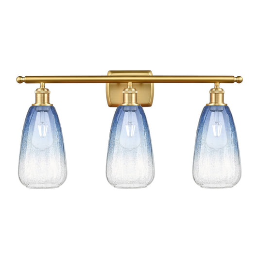 Innovations Brookhaven Almond 26in 3-Light Bath Vanity Light | Industrial Satin Gold Steel and Sapphire Blue Glass | Bathroom | Model 516-3W-SG-G480-6SB