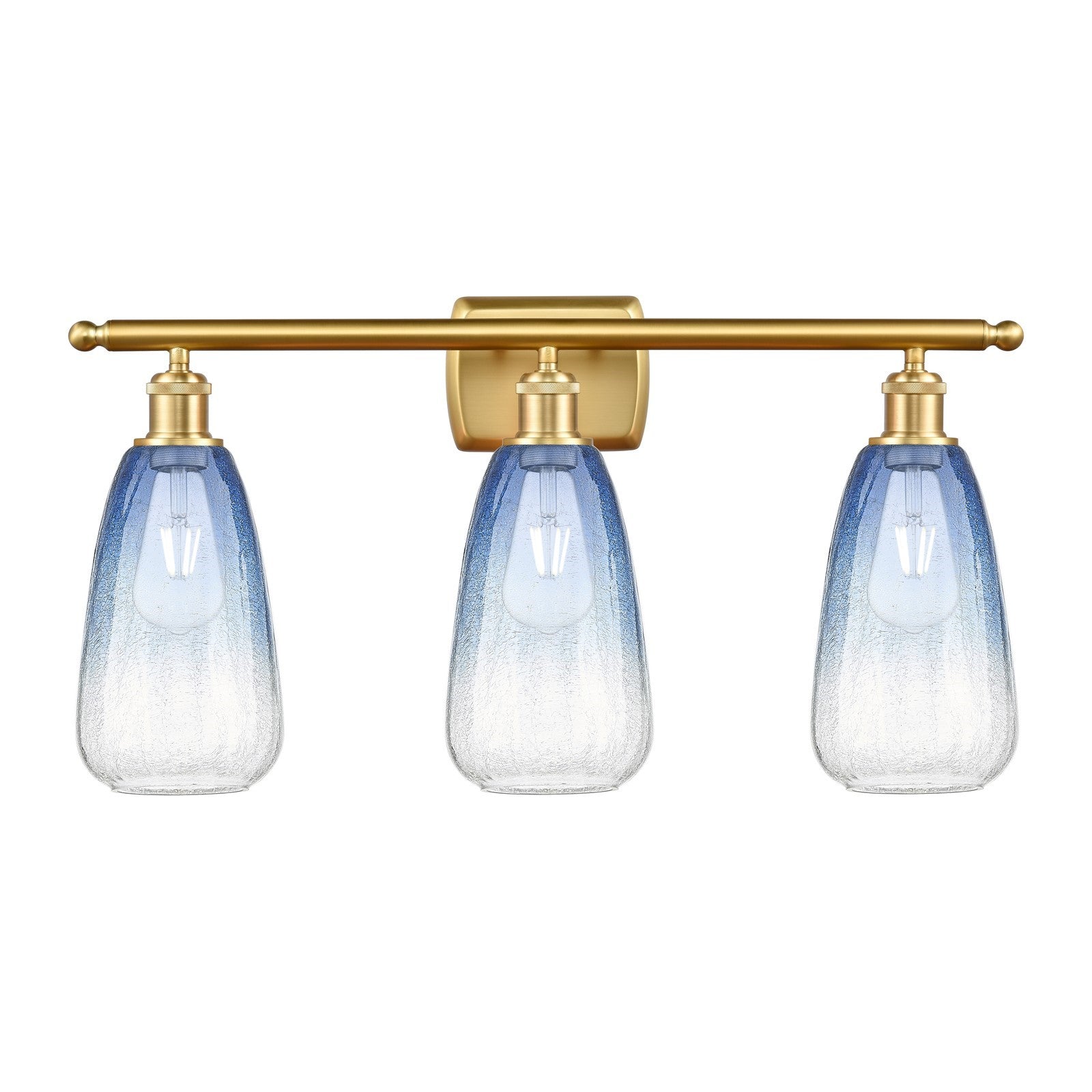 Innovations Brookhaven Almond 26in 3-Light Bath Vanity Light | Industrial Satin Gold Steel and Sapphire Blue Glass | Bathroom | Model 516-3W-SG-G480-6SB