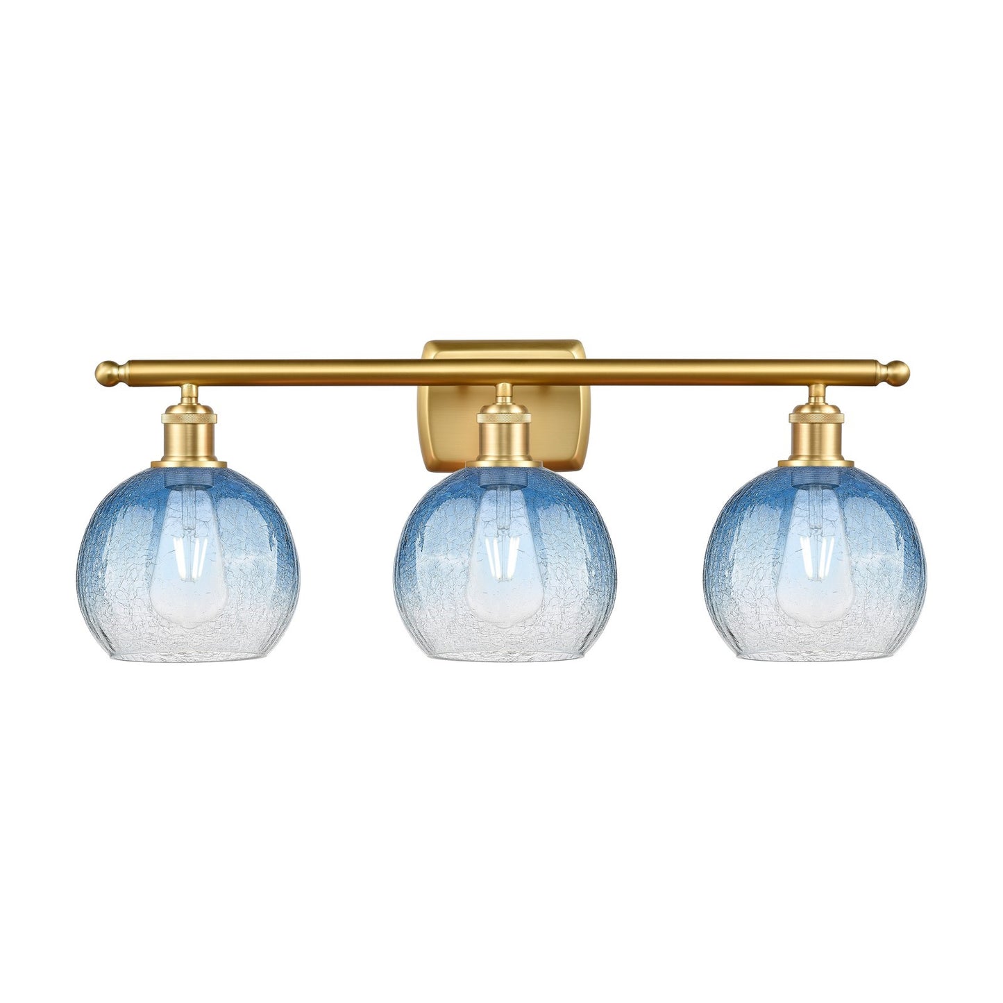 Innovations Brookhaven Globe 28in 3-Light Bath Vanity | Industrial Satin Gold Steel and Sapphire Blue Glass | Bathroom Vanity | Model 516-3W-SG-G483-8SB