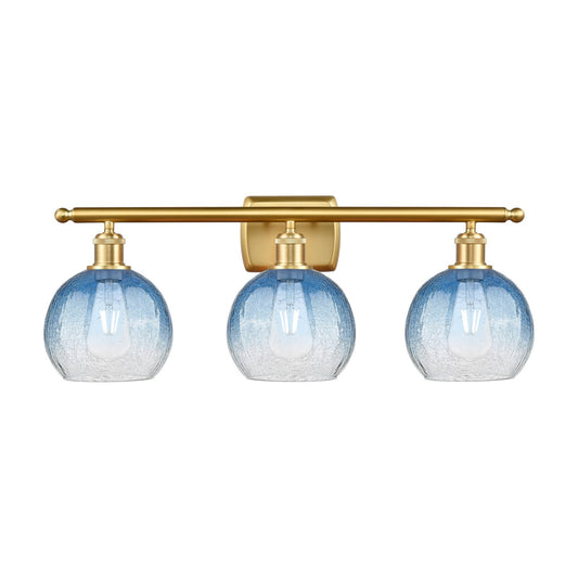 Innovations Brookhaven Globe 28in 3-Light Bath Vanity | Industrial Satin Gold Steel and Sapphire Blue Glass | Bathroom Vanity | Model 516-3W-SG-G483-8SB