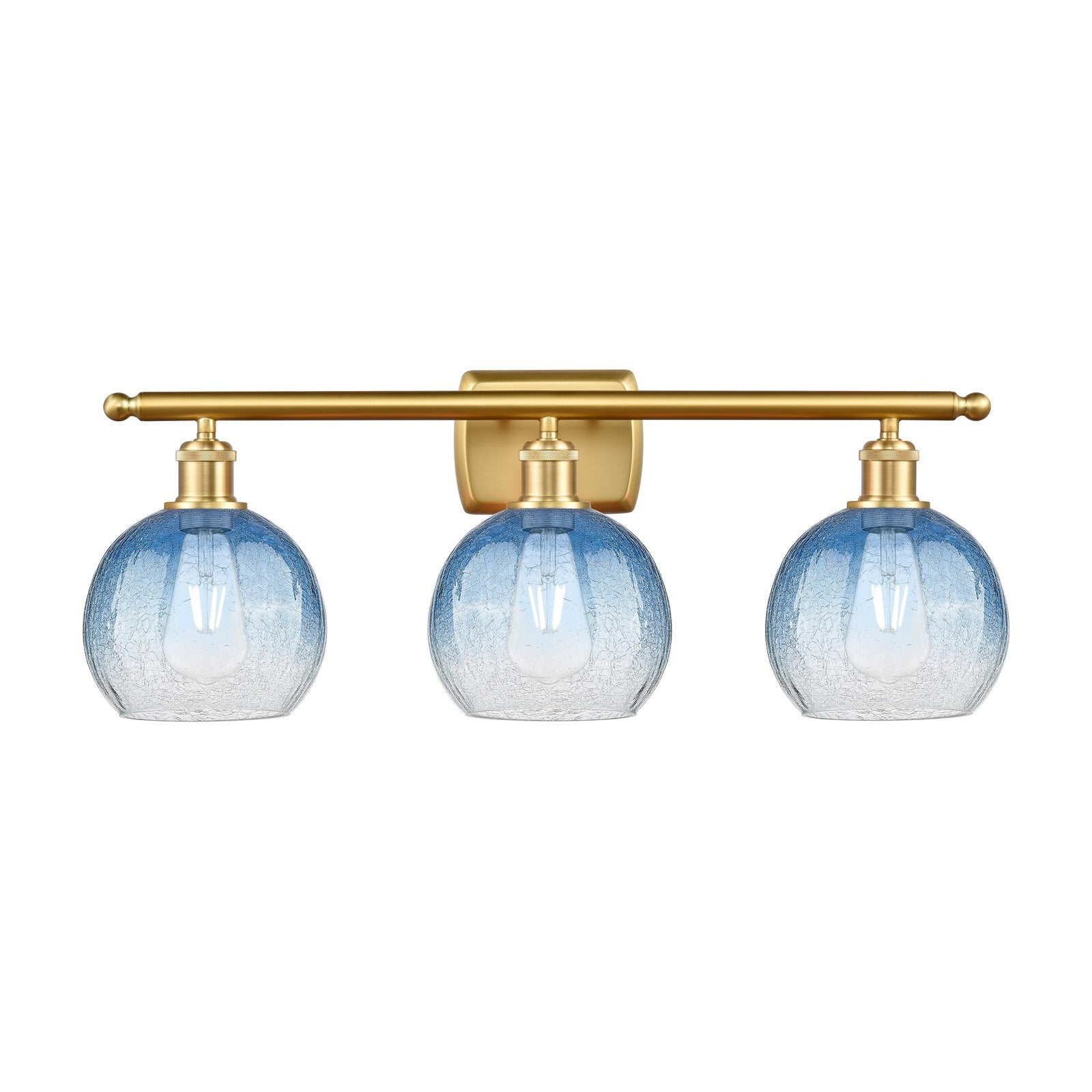 Innovations Brookhaven Globe 28in 3-Light Bath Vanity | Industrial Satin Gold Steel and Sapphire Blue Glass | Bathroom Vanity | Model 516-3W-SG-G483-8SB
