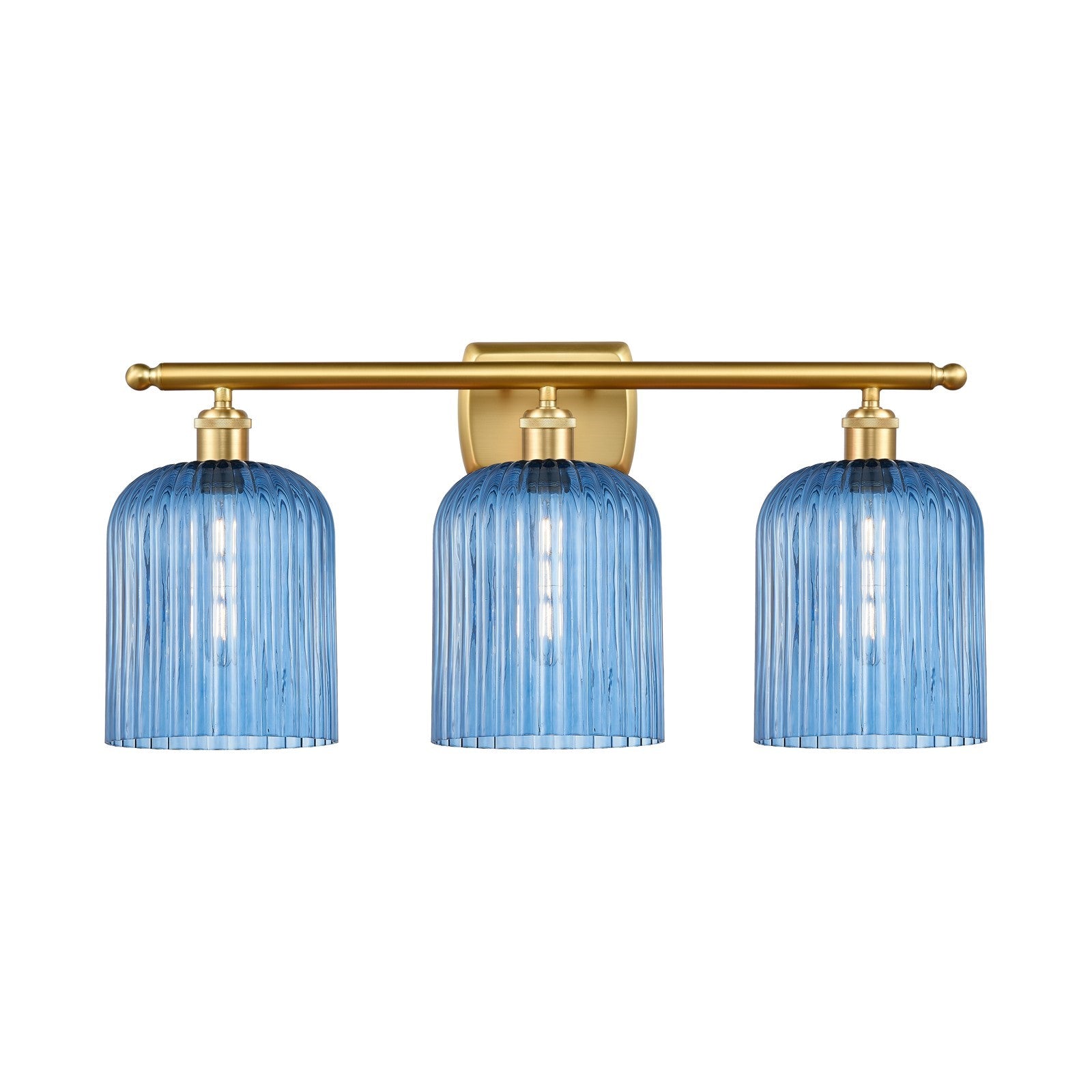 Innovations Bridal Veil 25in 3-Light Bath Vanity Light | Art Nouveau Satin Gold Steel and Princess Blue Ribbed Glass | Bathroom | Model 516-3W-SG-G559-8BL