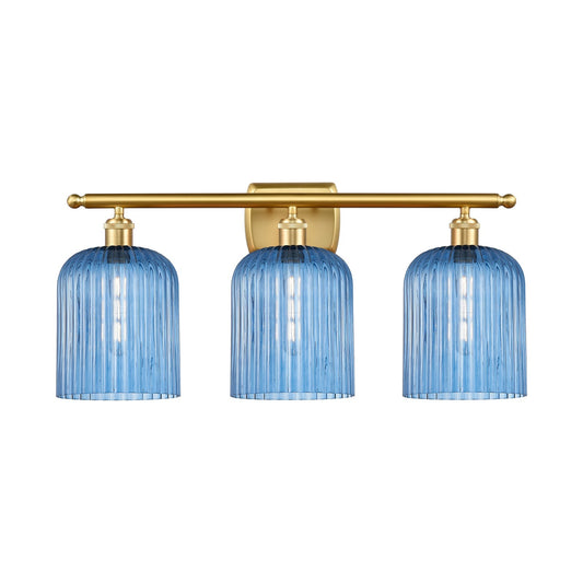 Innovations Bridal Veil 25in 3-Light Bath Vanity Light | Art Nouveau Satin Gold Steel and Princess Blue Ribbed Glass | Bathroom | Model 516-3W-SG-G559-8BL