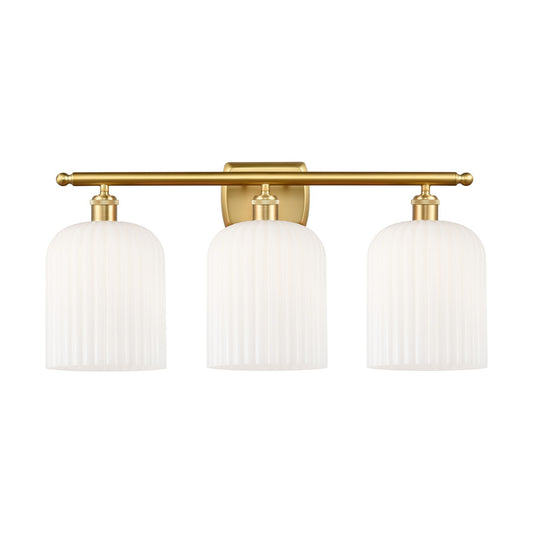 Innovations Bridal Veil 25in 3-Light Bath Vanity | Art Nouveau Satin Gold Steel and Gloss White Ribbed Glass | Bathroom Vanity | Model 516-3W-SG-G559-8GWH