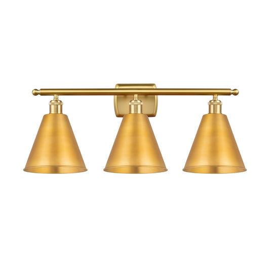 Innovations Berkshire 28in 3-Light Bath Vanity Light | Industrial Farmhouse Satin Gold Steel and Cast Brass with Satin Gold | Model 516-3W-SG-MBC-8-SG