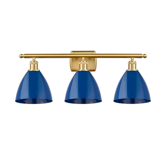 Innovations Plymouth 28in 3-Light Bath Vanity Light | Industrial Farmhouse Satin Gold Steel and Matte Blue Metal Shade | Model 516-3W-SG-MBD-75-BL