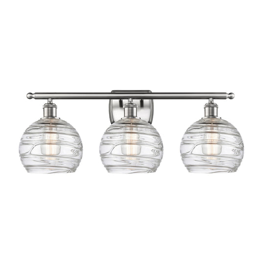 Innovations Athens Deco Swirl 28in 3-Light Bath Vanity Light | Industrial Brushed Satin Nickel and Clear Deco Swirl Glass | Model 516-3W-SN-G1213-8CL
