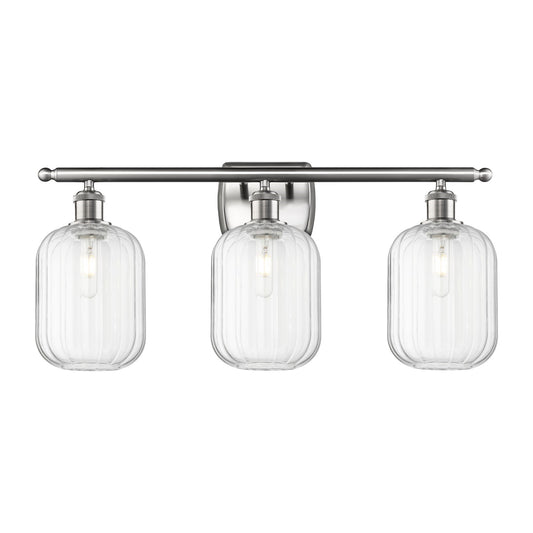 Innovations Preston Cylinder 27in 3-Light Bath Vanity Light | Industrial Brushed Satin Nickel Steel and Clear Glass | Bathroom | Model 516-3W-SN-G460-7CL