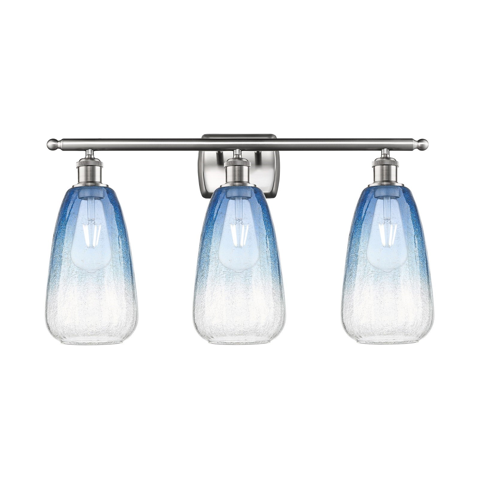 Innovations Brookhaven Almond 26in 3-Light Bath Vanity Light | Industrial Brushed Satin Nickel and Sapphire Blue Glass | Model 516-3W-SN-G480-6SB