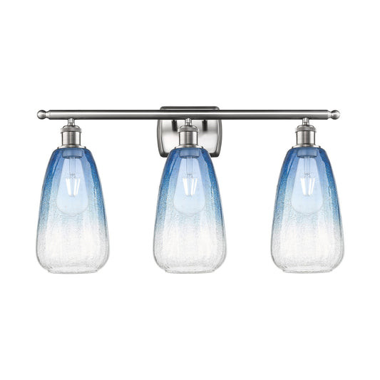 Innovations Brookhaven Almond 26in 3-Light Bath Vanity Light | Industrial Brushed Satin Nickel and Sapphire Blue Glass | Model 516-3W-SN-G480-6SB