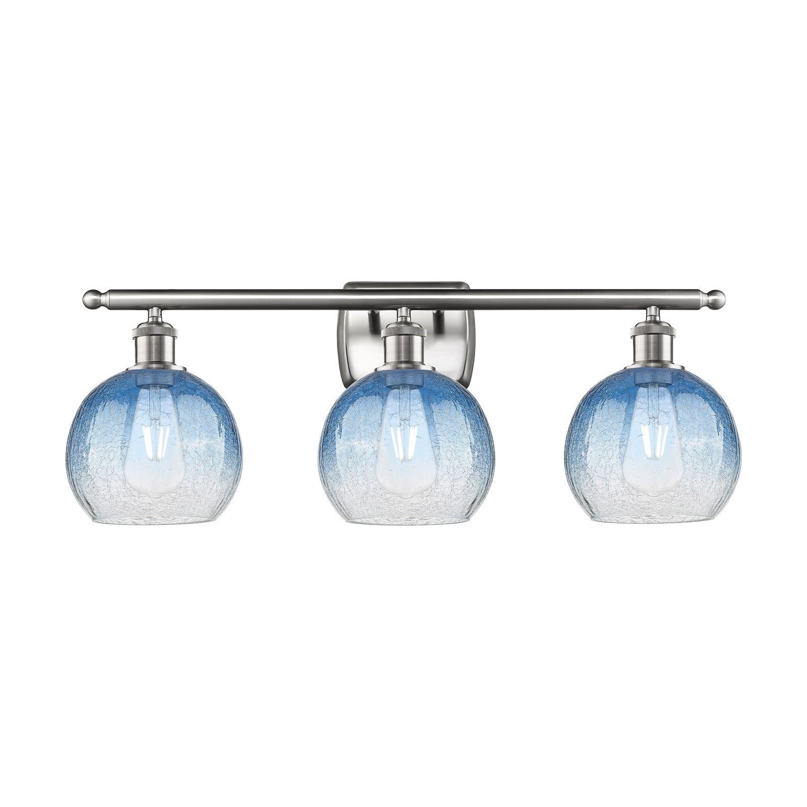 Innovations Brookhaven Globe 28in 3-Light Bath Vanity Light | Industrial Brushed Satin Nickel and Sapphire Blue Glass | Model 516-3W-SN-G483-8SB