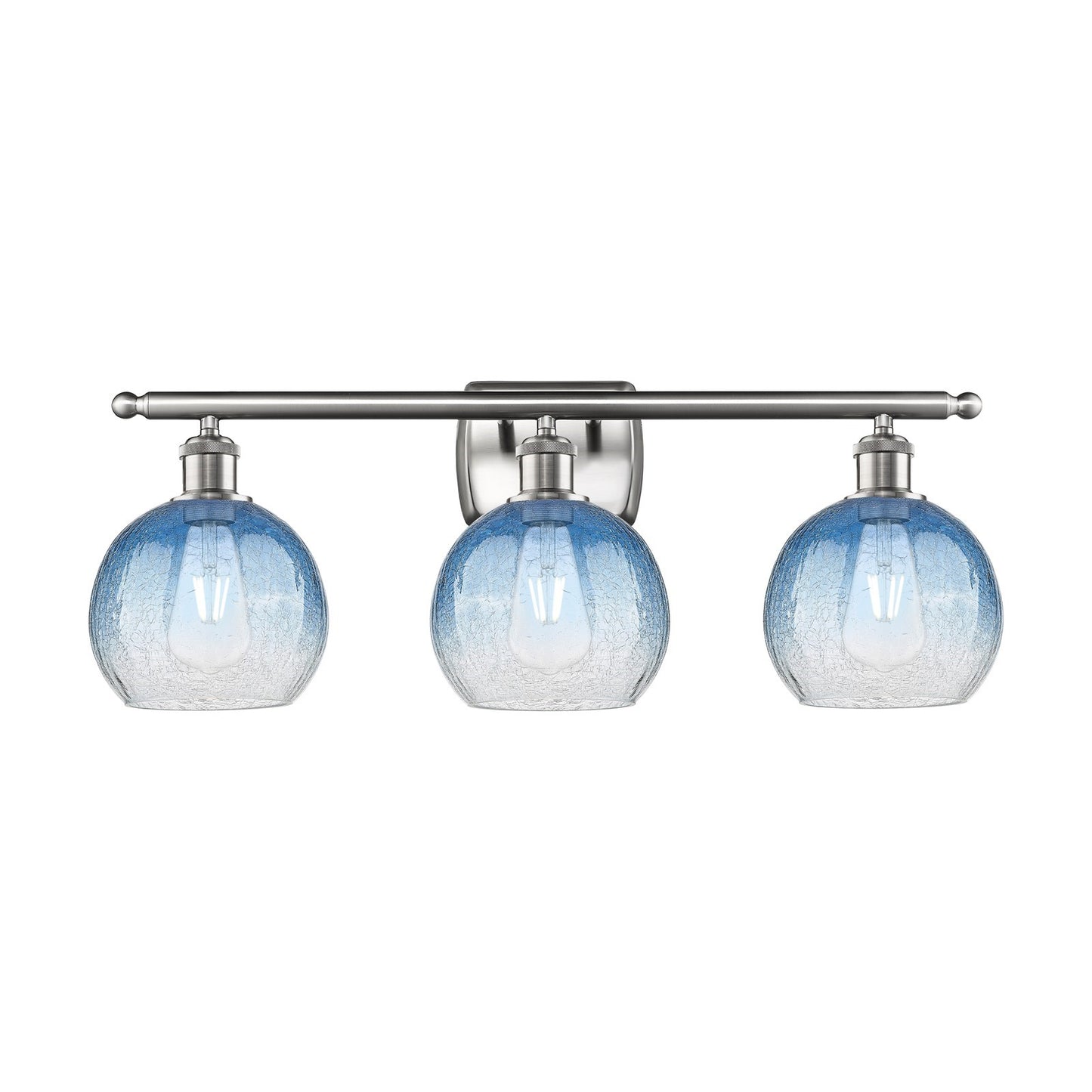Innovations Brookhaven Globe 28in 3-Light Bath Vanity Light | Industrial Brushed Satin Nickel and Sapphire Blue Glass | Model 516-3W-SN-G483-8SB