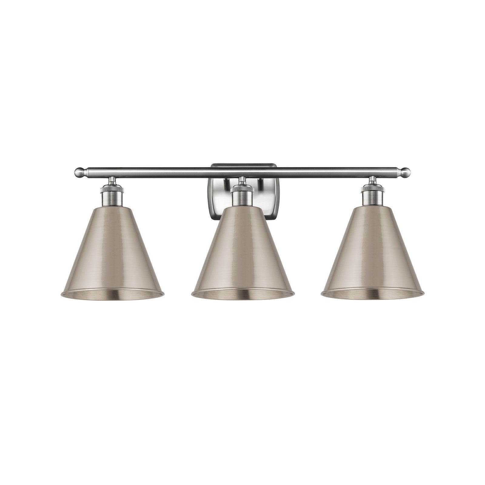 Innovations Berkshire 28in 3-Light Bath Vanity Light | Industrial Farmhouse Brushed Satin Nickel Steel and Metal Shade | Model 516-3W-SN-MBC-8-SN