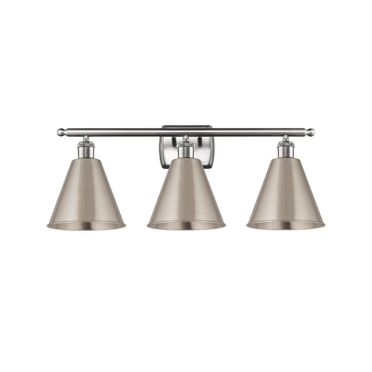 Innovations Berkshire 28in 3-Light Bath Vanity Light | Industrial Farmhouse Brushed Satin Nickel Steel and Metal Shade | Model 516-3W-SN-MBC-8-SN-LED