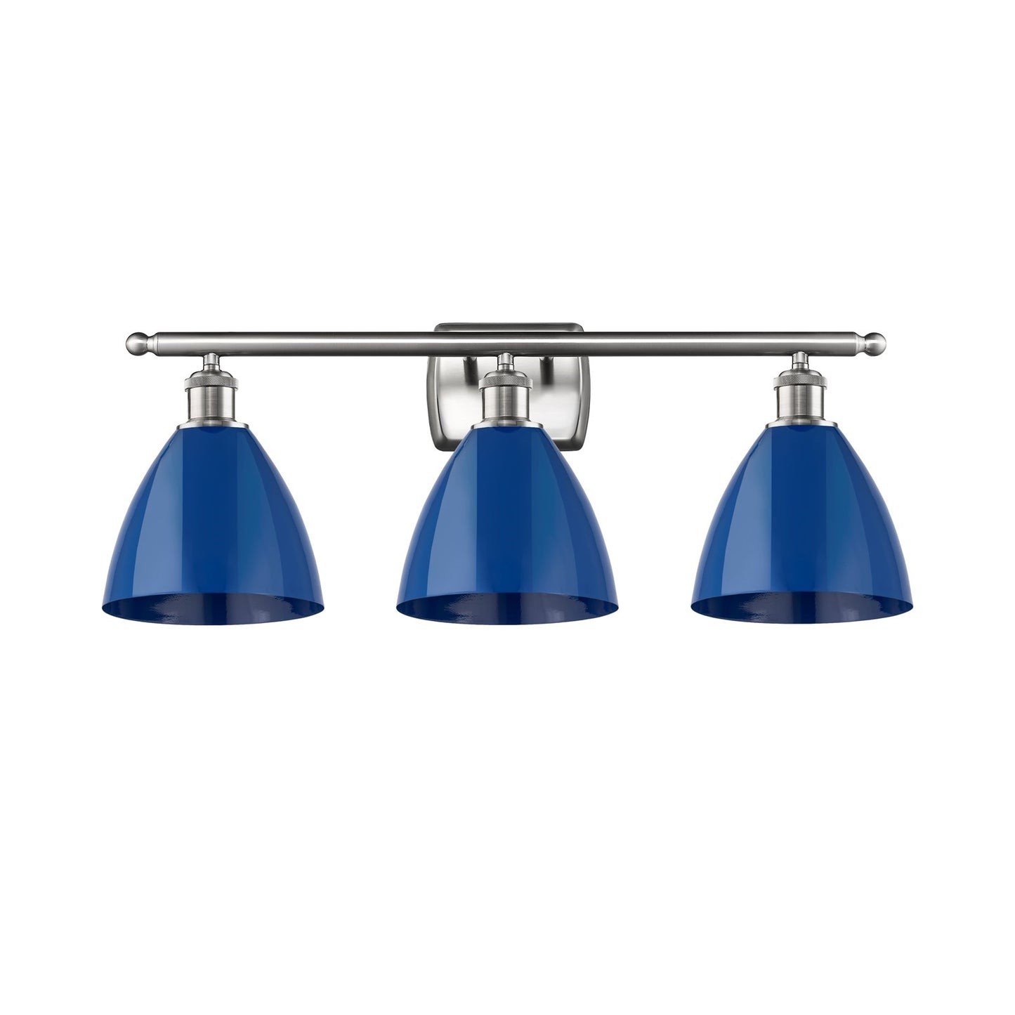 Innovations Plymouth 28in 3-Light Bath Vanity Light | Industrial Farmhouse Brushed Satin Nickel and Matte Blue Metal Shade | Model 516-3W-SN-MBD-75-BL