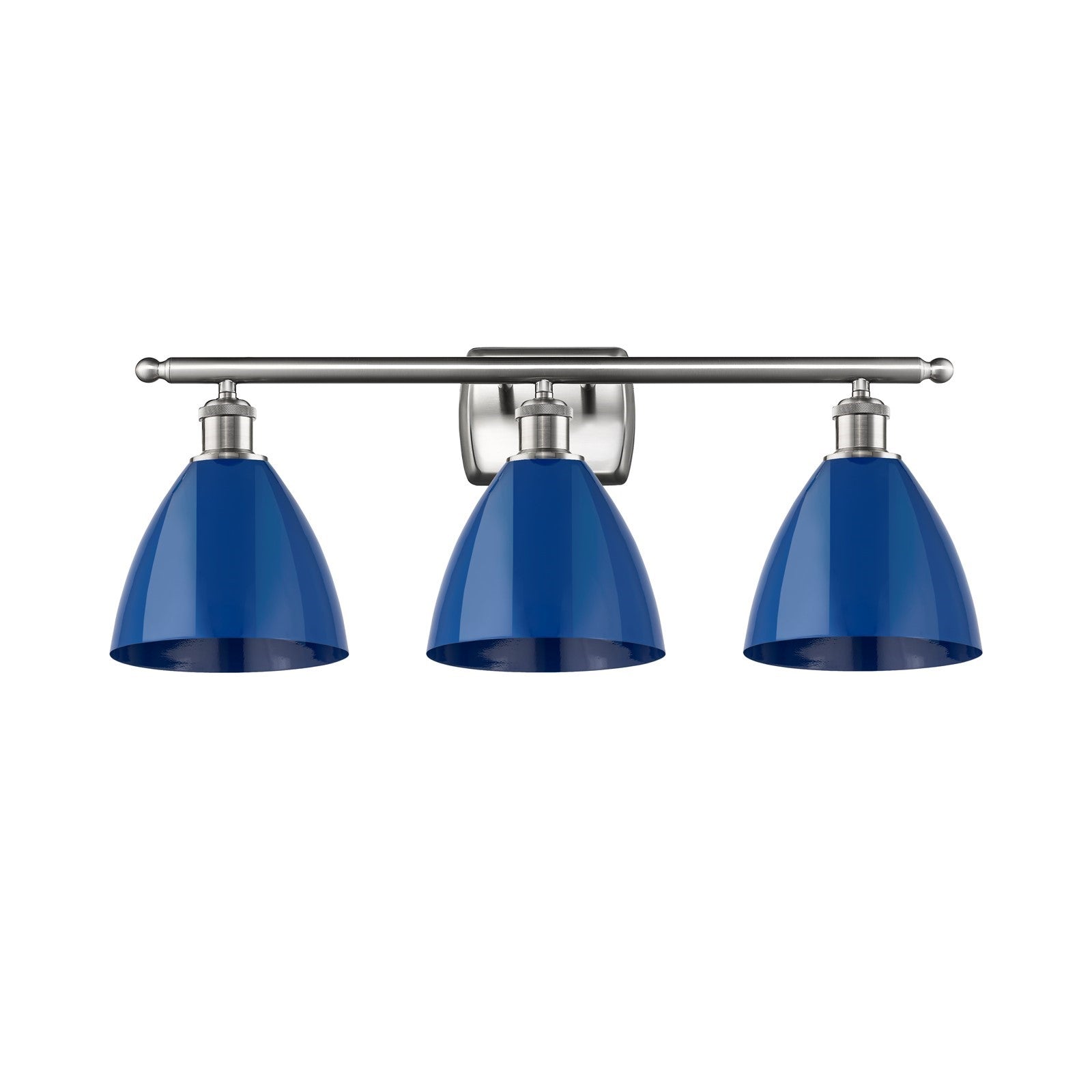 Innovations Plymouth 28in 3-Light Bath Vanity Light | Industrial Farmhouse Brushed Satin Nickel and Matte Blue Metal Shade | Model 516-3W-SN-MBD-75-BL