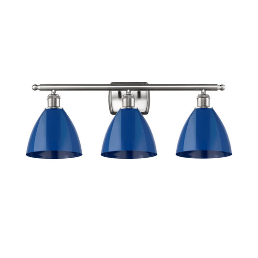 Innovations Plymouth 28in 3-Light Bath Vanity Light | Industrial Farmhouse Brushed Satin Nickel and Matte Blue Metal Shade | Model 516-3W-SN-MBD-75-BL-LED