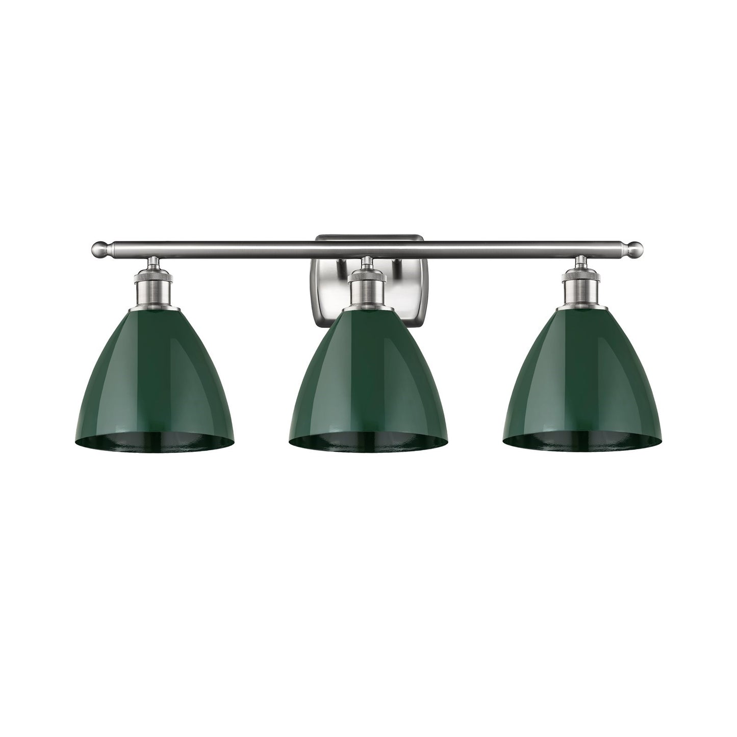 Innovations Plymouth 28in 3-Light Bath Vanity Light | Industrial Farmhouse Brushed Satin Nickel and Matte Green Metal Shade | Model 516-3W-SN-MBD-75-GR