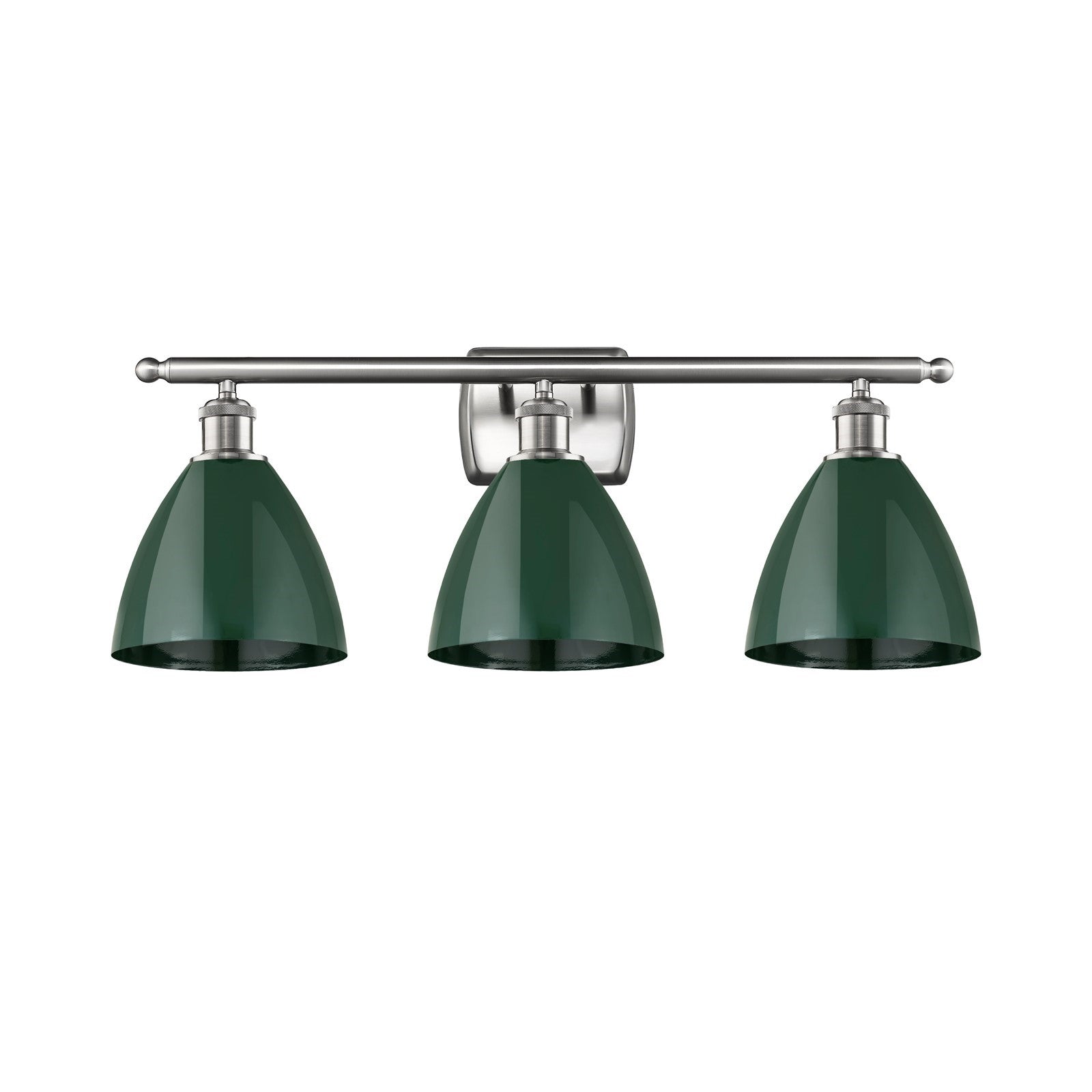 Innovations Plymouth 28in 3-Light Bath Vanity Light | Industrial Farmhouse Brushed Satin Nickel and Matte Green Metal Shade | Model 516-3W-SN-MBD-75-GR