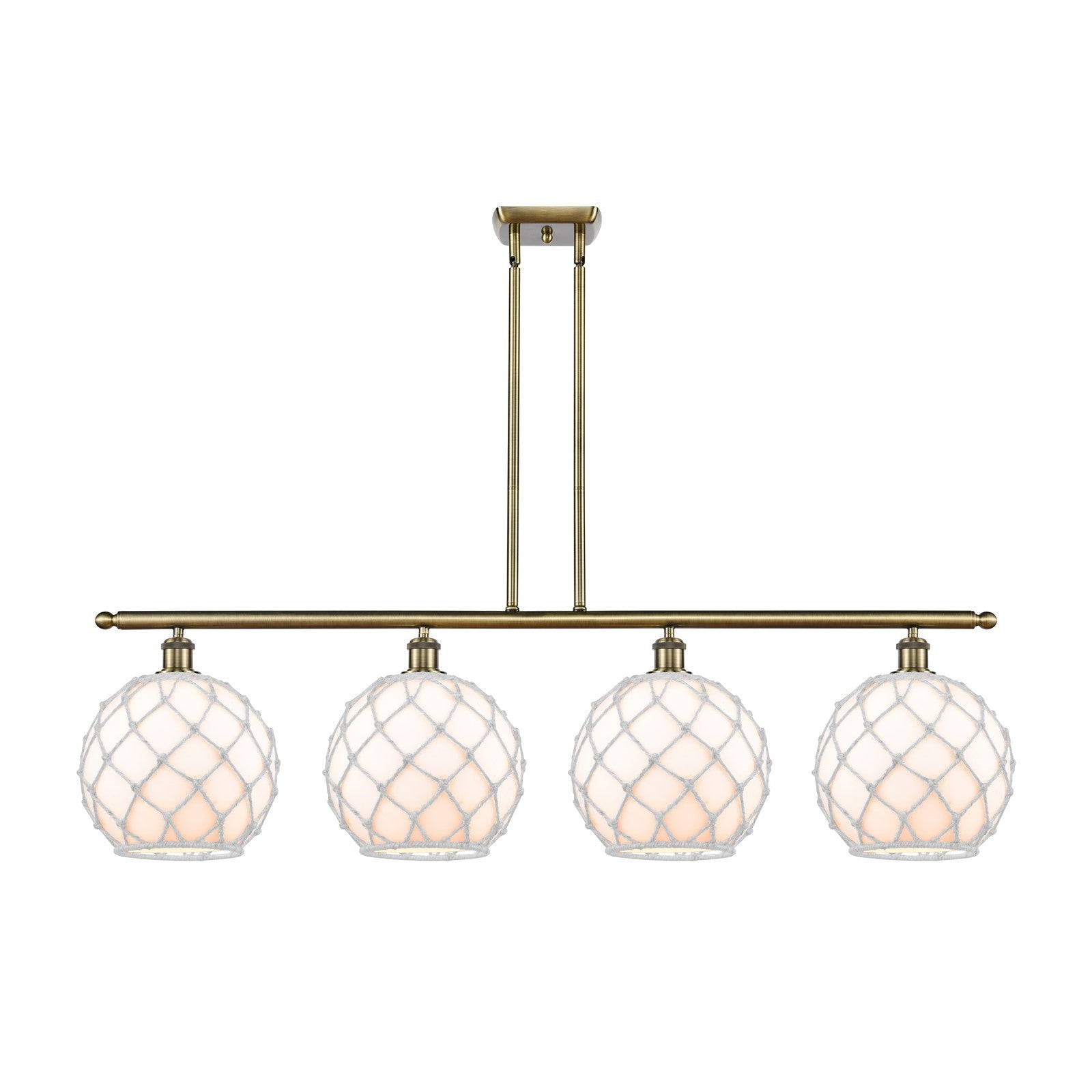 Innovations Farmhouse Rope 48in 4-Light Island Light | Industrial Antique Brass Steel and White Glass with Rope | Kitchen | Model 516-4I-AB-G121-10RW